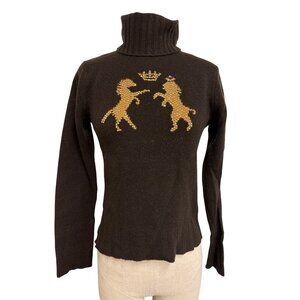 BCBGMAXAZRIA Lambswool Brown Turtleneck Sweater With Embellished Lions & Crown